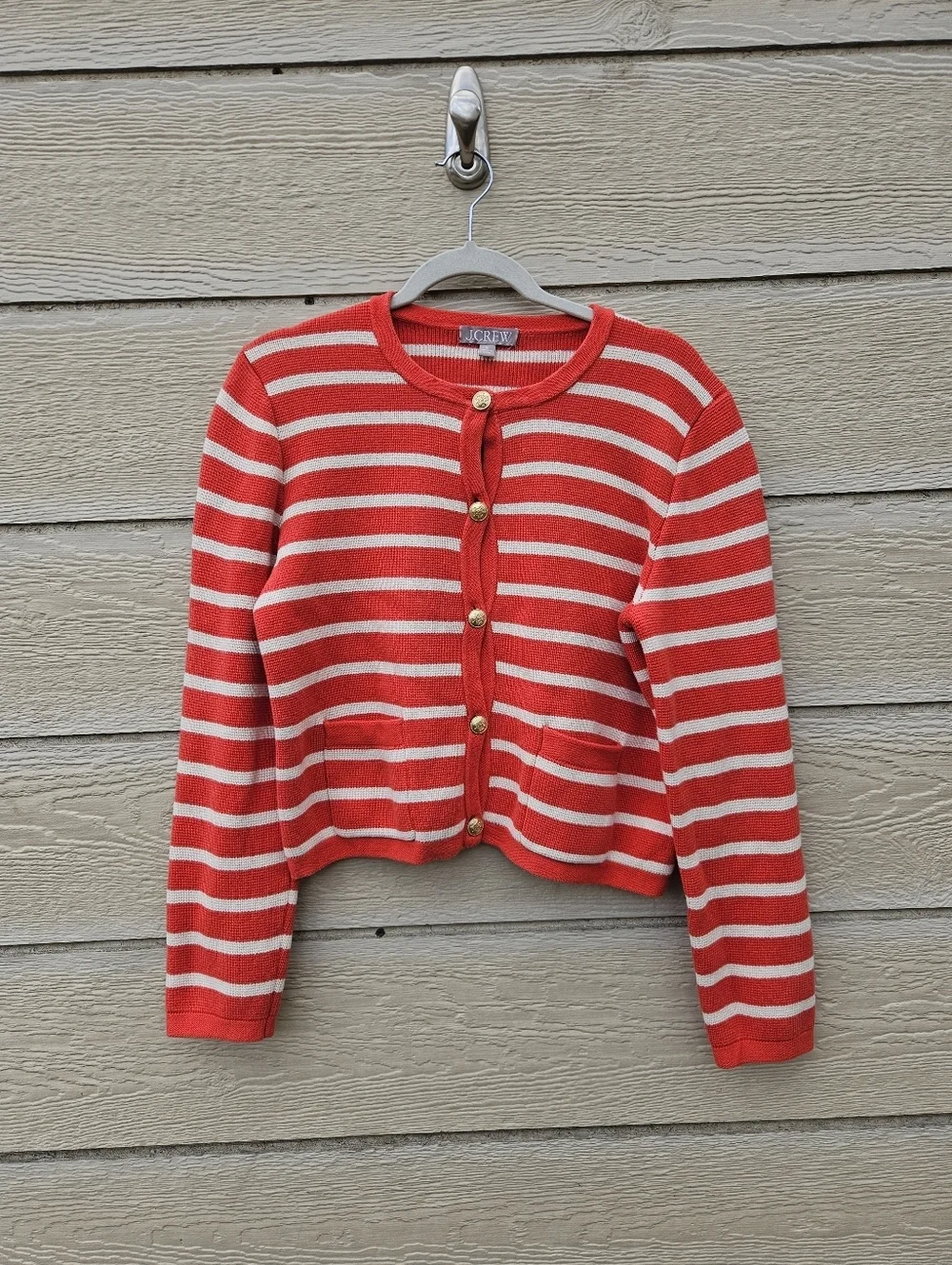 J. Crew Emilie sweater lady jacket in stripe red and cream large with light flaw